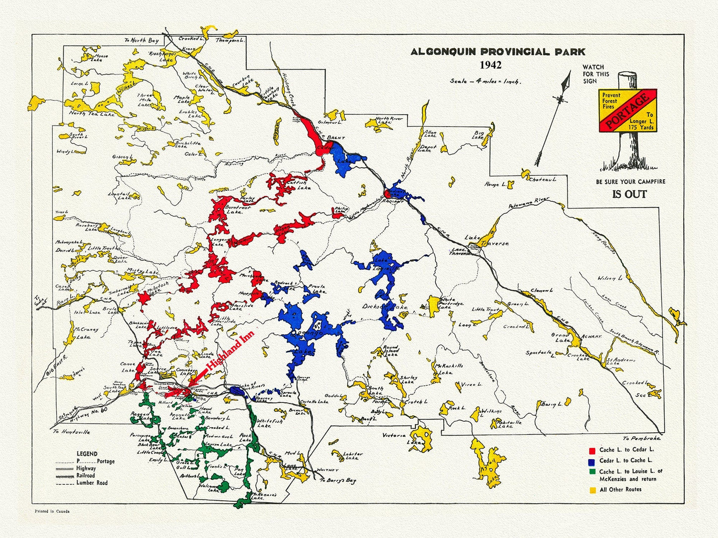 Historic Algonquin Park Map , Highland Inn, 1942, map on heavy cotton canvas, 20 x 25" approx. - The Map Chest