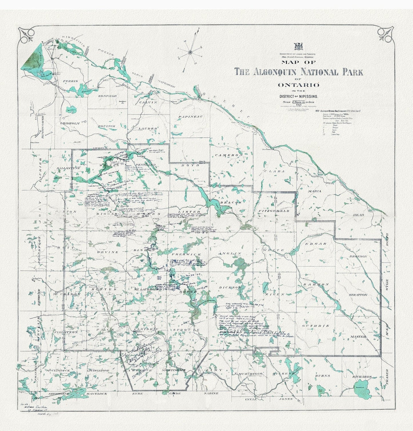 Historic Algonquin Park Map, Lands and Forrests, 1921, map on heavy cotton canvas, 20 x 25" approx. - The Map Chest