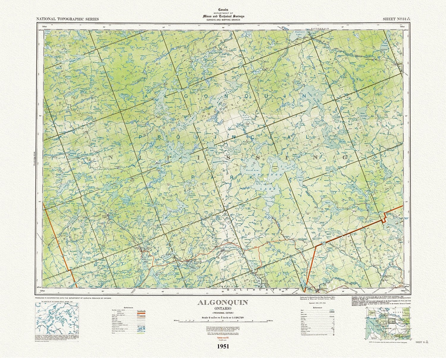 Historic Algonquin Park Map, National Topographic Series, Algonquin, 1951 , map on heavy cotton canvas, 45 x 65 cm, 18 x 24" approx. - The Map Chest