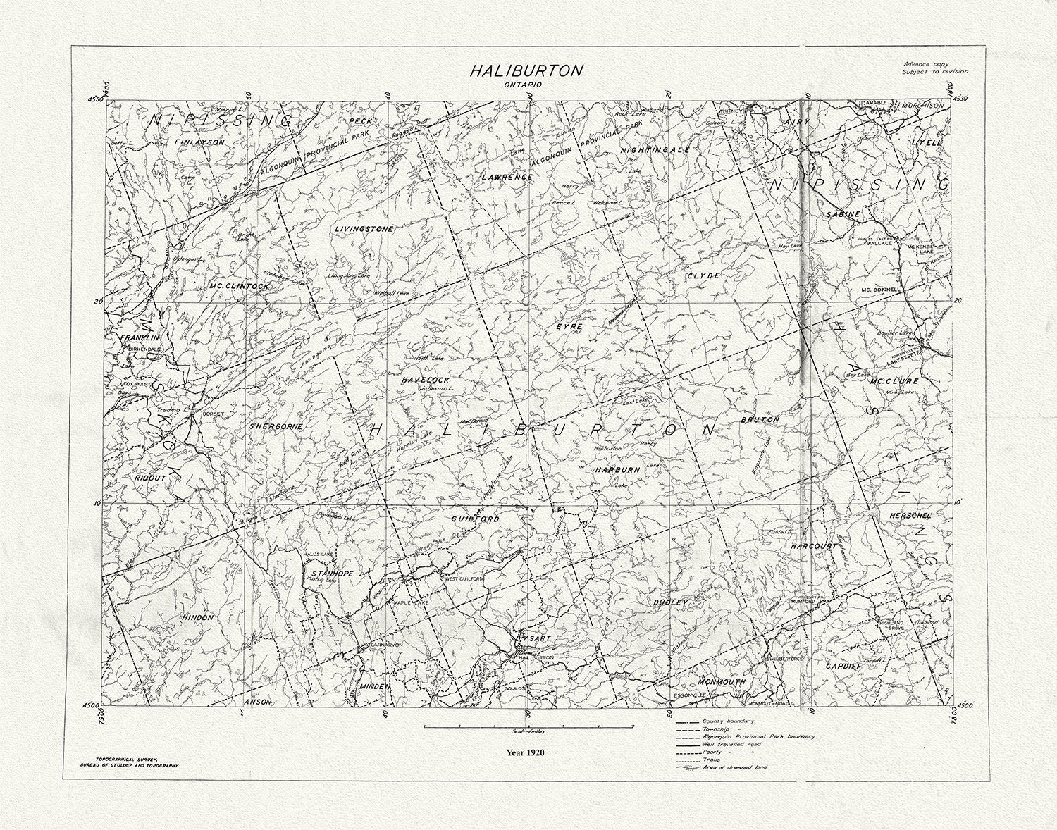 Historic Algonquin Park Map, National Topographic Series, Haliburton County, 1920 - The Map Chest