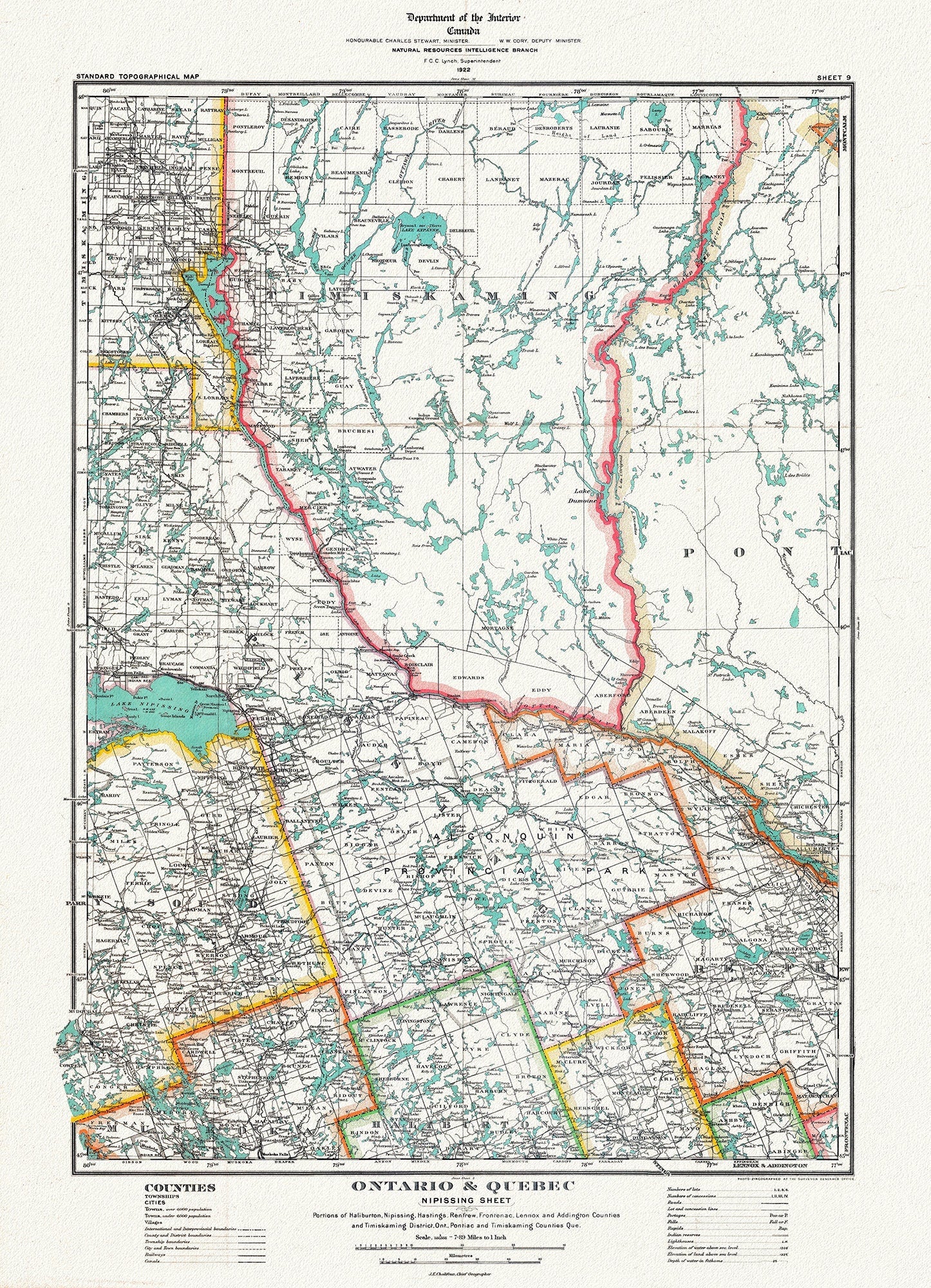 Historic Algonquin Park Map, Nipissing District, 1922, map on heavy cotton canvas, 20 x 30" or 50 x 75cm. approx. - The Map Chest