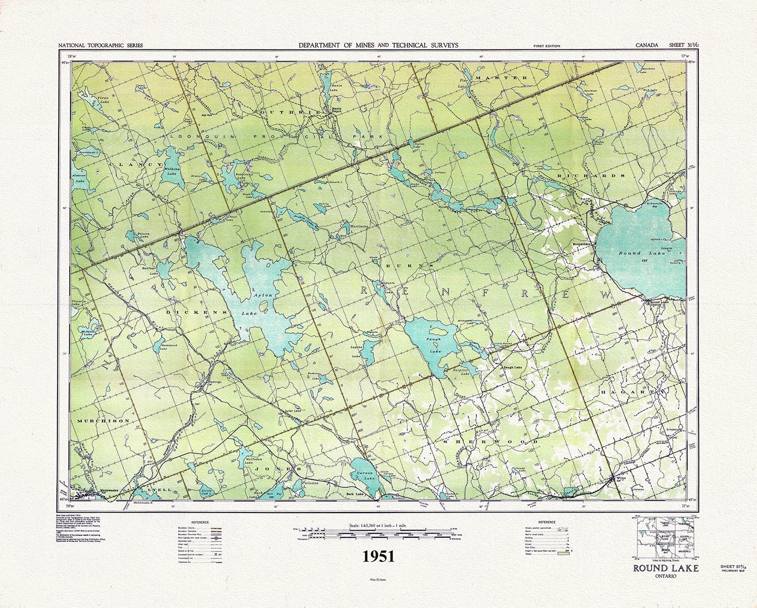 Historic Algonquin Park Map, Round Lake, National Topographic Series, 1951 , map on heavy cotton canvas, 45 x 65 cm, 18 x 24" approx. - The Map Chest