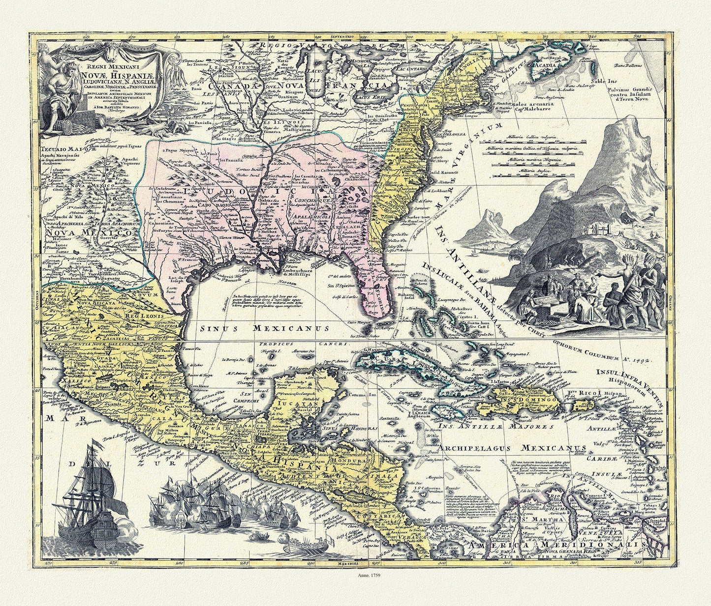 Homann, Regni Mexicani in America Septentrionali, 1759 , map on heavy cotton canvas, 25x27" approx. - The Map Chest