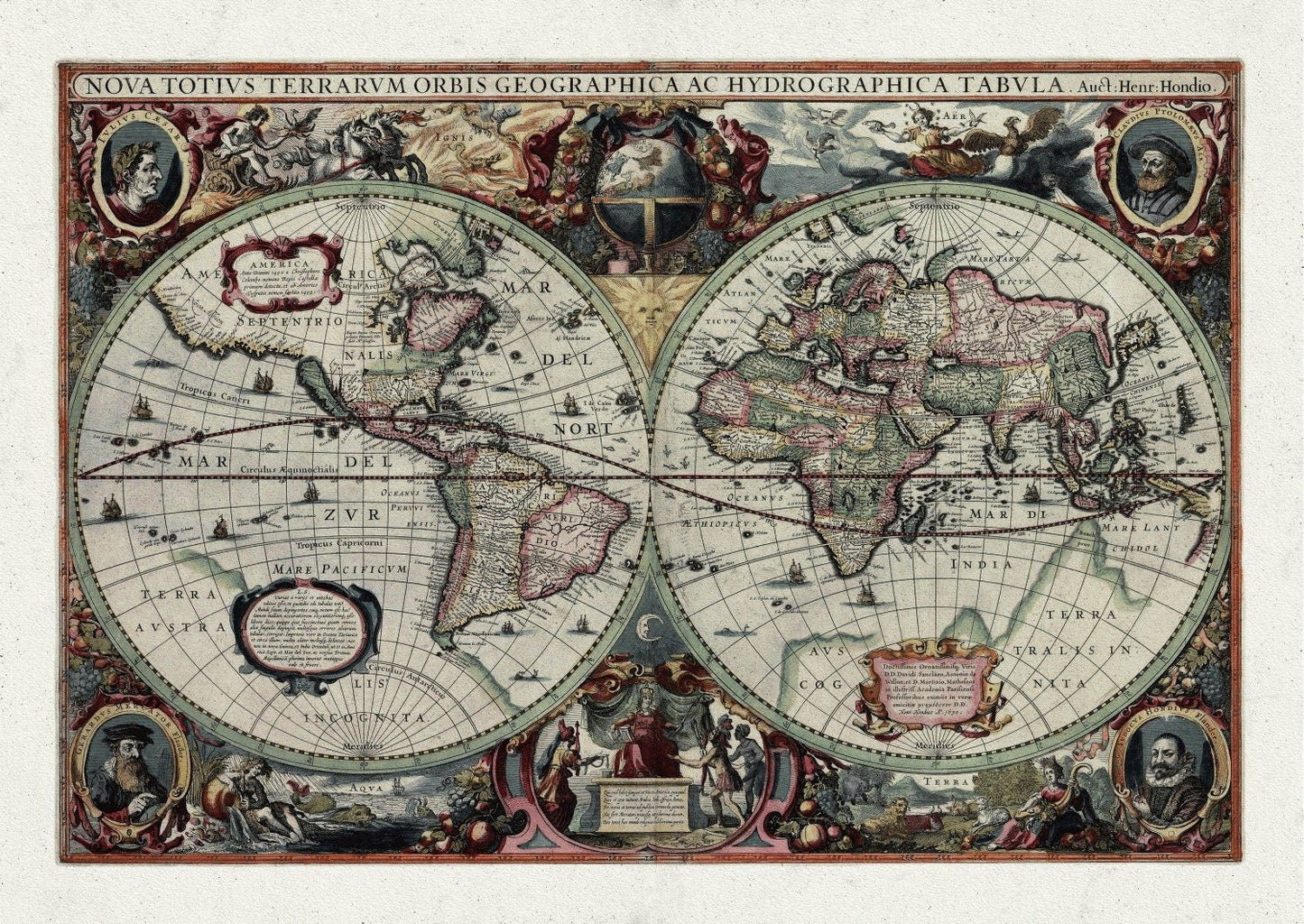 Hondius, Terrarum Orbis, 1640, Map on heavy cotton canvas, 22x27in. approx. - The Map Chest
