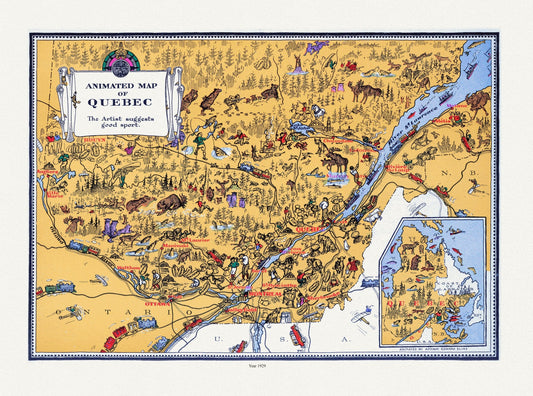 An Animated Map of Quebec, 1929, On heavy durable cotton canvas, 22x27" approx.