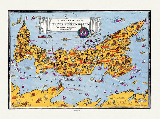An Animated Map of Prince Edward Island, 1929, on heavy cotton canvas, 22x27" approx.