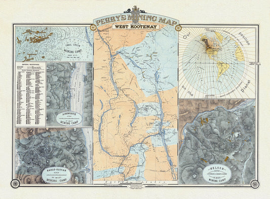 Perry's Mining Map of the Southern District of  West Kootenay, 1893, Map on heavy cotton canvas, 22x27" approx.