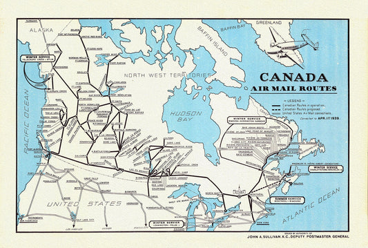 Canada Air Mail Routes,1939, on heavy cotton canvas, 22x27" approx.