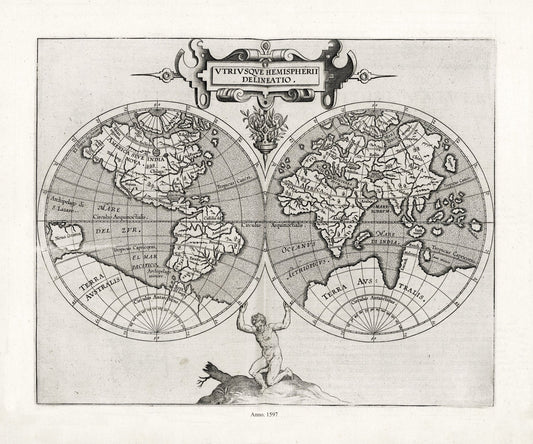Wytfliet et Magini, Utriusque hemispherii delineatio, 1597, Map on heavy cotton canvas, 22x27in. approx.