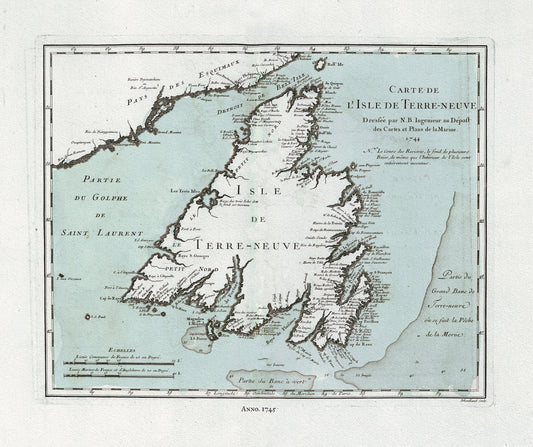 Map of Newfoundland, Canada, Author Bellin, Jacques Nicolas, 1703-1772, on heavy cotton canvas, approx. 20x24"
