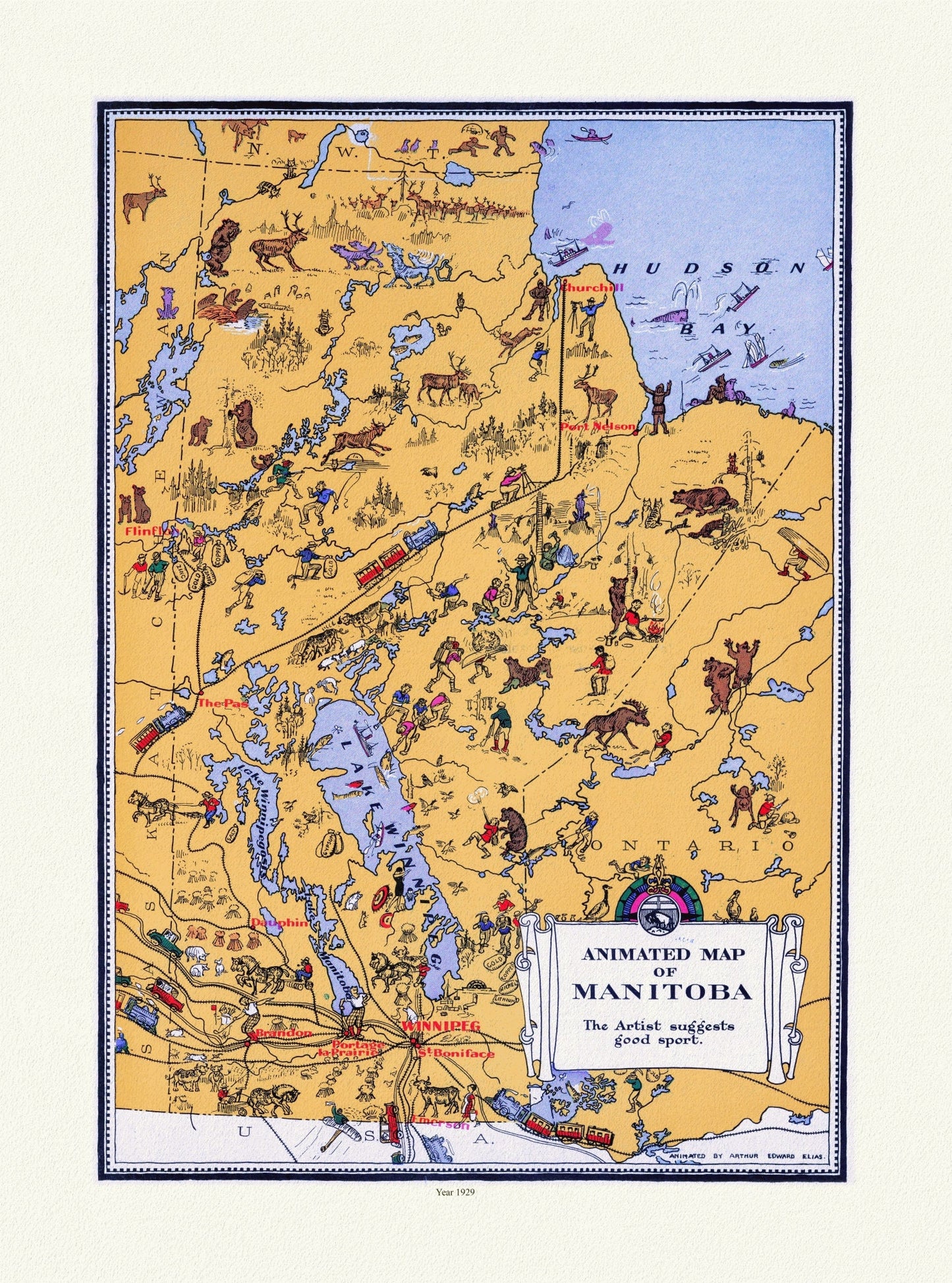 An Animated Map of Manitoba, 1929, on heavy cotton canvas, 22x27" approx.