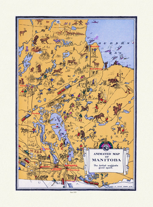 An Animated Map of Manitoba, 1929, on heavy cotton canvas, 22x27" approx.