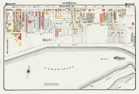 Plate 103, Toronto East, Waterfront, Ashbridges Bay, 1923, Map on heavy cotton canvas, 18x27in. approx.
