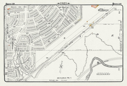 Plate 120, Toronto Uptown East, Leaside Station Junction, 1923, Map on heavy cotton canvas, 18x27in. approx.