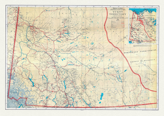 Yukon Territory, South of Latitude 65 degrees ,1936, Vintage Map on Cotton Canvas, 22x27" approx.