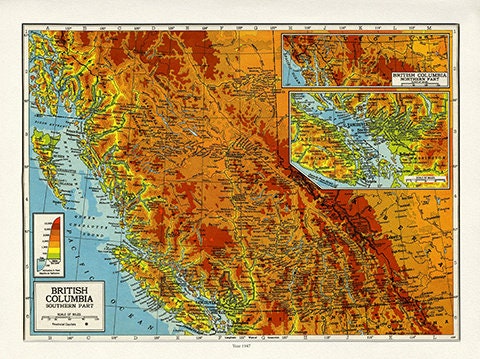 Southern British Columbia, 1947, Map on heavy cotton canvas of 22x27" approx.