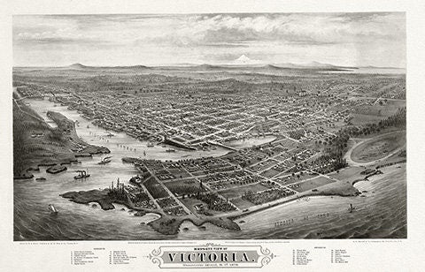 Bird's-eye view of Victoria, Vancouver Island, B.C., 1878, on heavy cotton canvas, 22x27" approx.