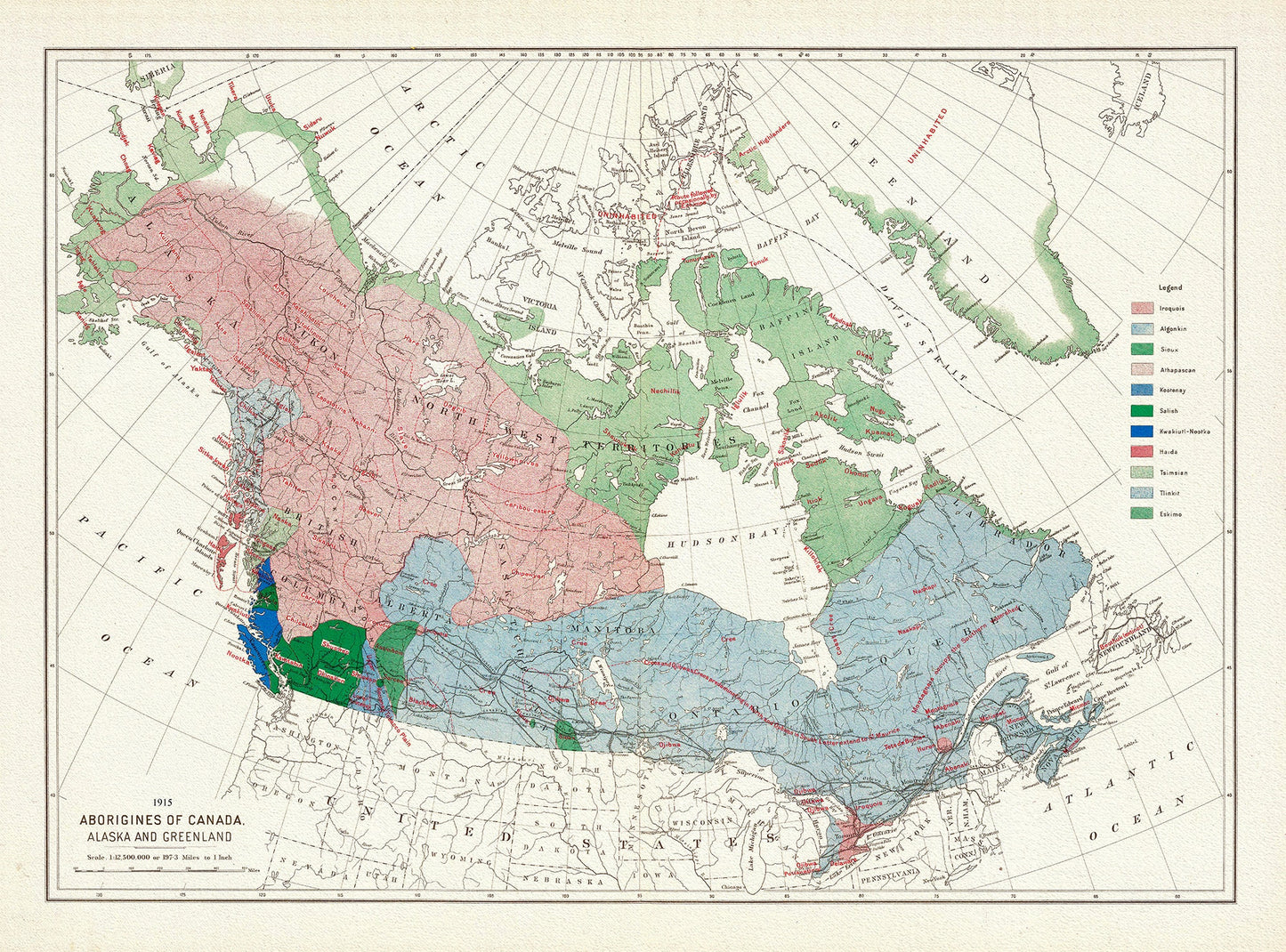 Aborigines of Canada, Alaska and Greenland,  issued 1915, Map on heavy cotton canvas, 22x27" approx.