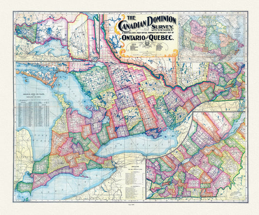 Canadian Dominion Survey, A New Railway, Post-Office, Township and Precinct Map Of Ontario and Quebec, 1899, on heavy cotton canvas, 22x27"