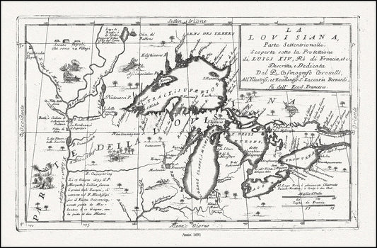 Coronelli, La Louisiana, Parte Settentrionalle, Scoperta sotto Protettione di Luigi XIV, Re di Francia, 1691, cotton canvas, 22x27" approx.