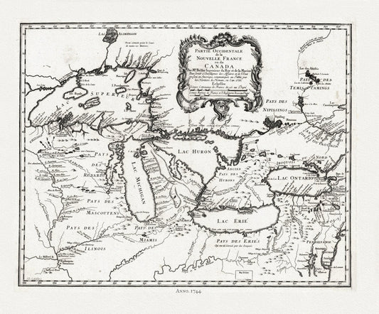 Bellin, Partie occidentale de la Nouvelle France ou du Canada, 1744 , map on heavy cotton canvas, 22x27" approx.