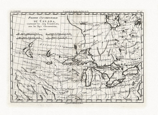Bonne, Partie Occidentale du Canada, contenant les Cinq Grands Lacs, avec les pays circonvoisins, 1780, map on cotton canvas, 22x27" approx.