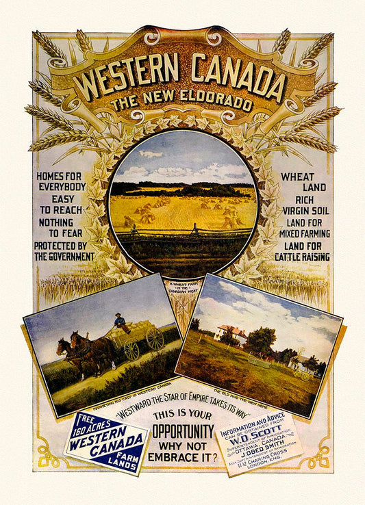 Western Canada, The New Eldorado, vintage poster on heavy cotton canvas, 22x27" approx.