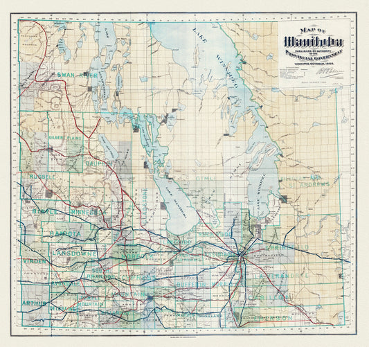 Map of Manitoba published by the authority of the Provincial Government, 1903, map on heavy cotton canvas, 22x27" approx.