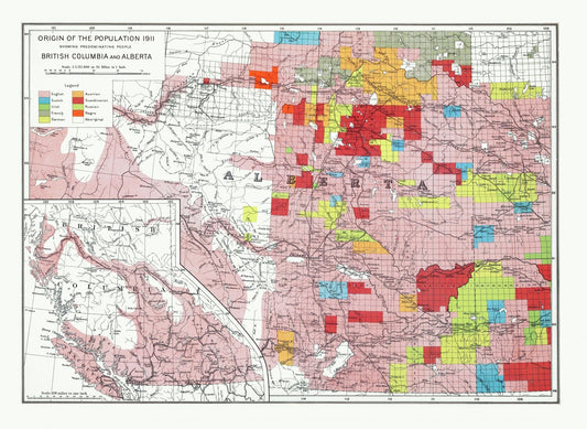 Department of the Interior, Origin of the Population for 1911 British Columbia and Alberta, issued 1915 ,heavy cotton canvas, 22x27" approx.