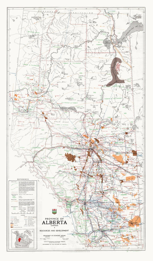 Province of Alberta, Canada resources and development, 1958 , map on heavy cotton canvas, 22x27" approx.