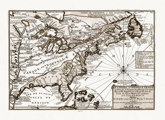 Fer, Le Canada, ou Nouvelle France, 1705, Sepia toned map on heavy cotton canvas, 22x27" approx.