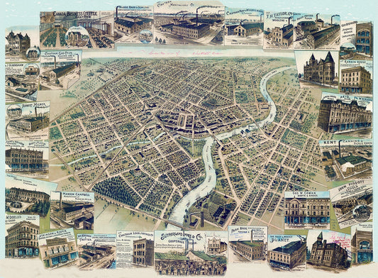 Bird's eye view of Chatham, Ontario, 1870, map on heavy cotton canvas, 22x27" approx.