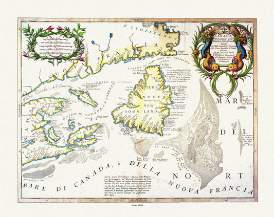 Coronelli, Canada Orientale Nell' America Settentrionale, 1690, map on heavy cotton canvas, 22x27" approx.