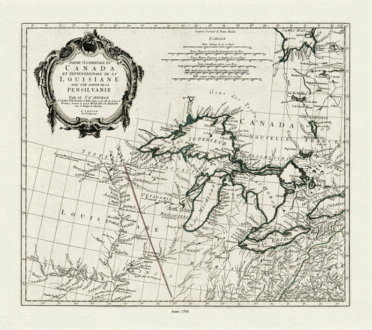 Anville et al., Partie occidentale du Canada et septentrionale de la Louisiane avec une partie de la Pensilvanie, 1784 , on canvas 22x27"