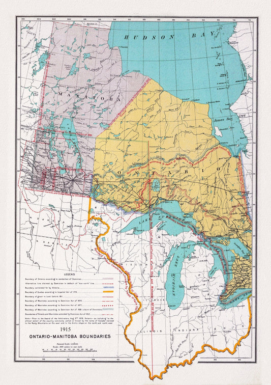 Canada. Department of Interior, Ontario, Manitoba Boundary, 1915, map on heavy cotton canvas, 22x27" approx.