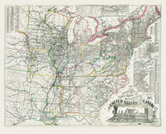 Watson's new rail-road and distance map of the United States and Canada, 1871, map on heavy cotton canvas, 22x27" approx