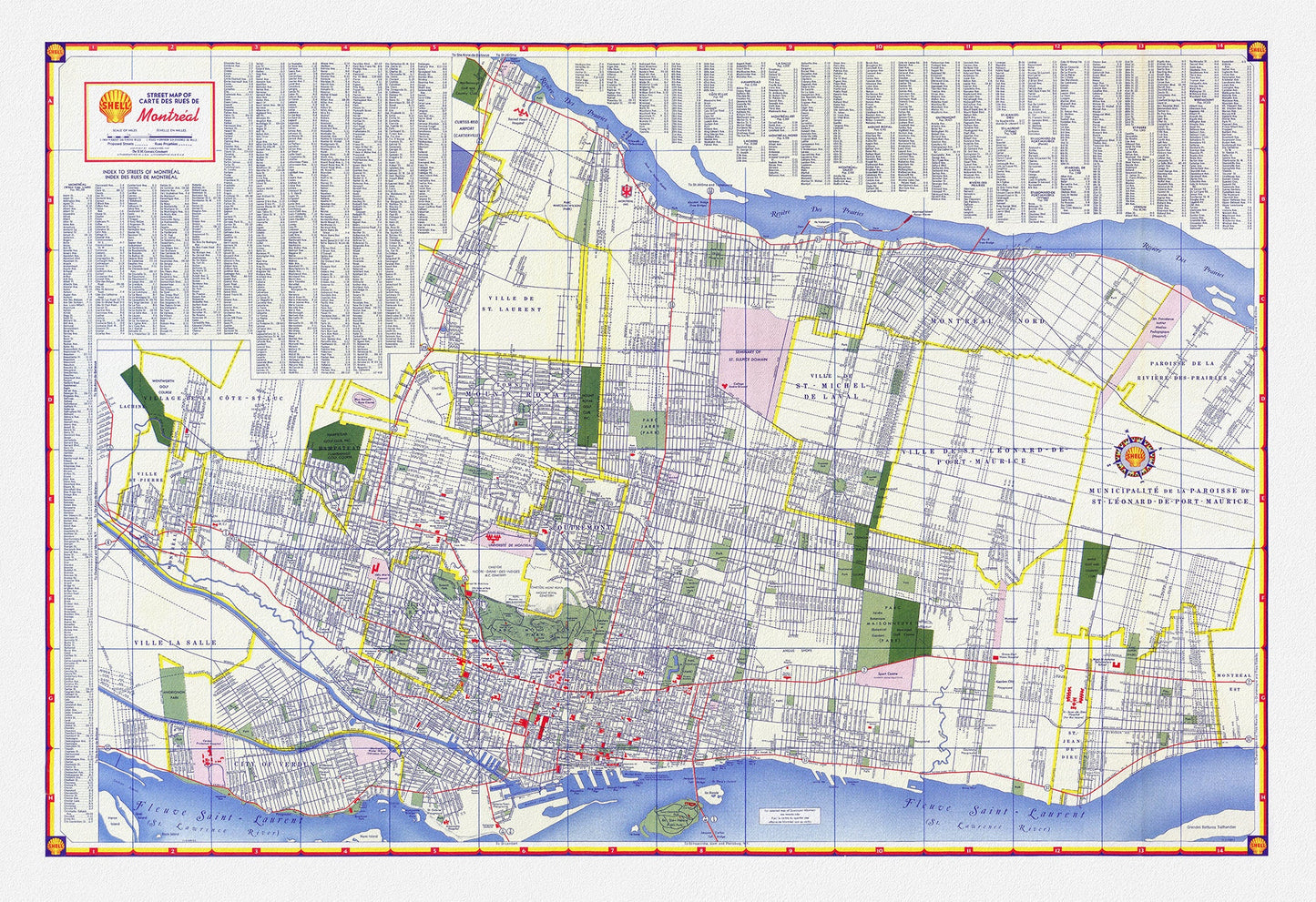 Shell Street Map of Montreal, 1950 , map on heavy cotton canvas, 22x27" approx.