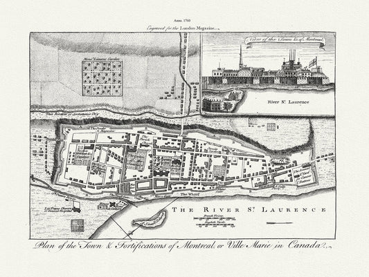 Plan of the town & fortifications of Montreal, or Ville Marie in Canada, 1760, map on heavy cotton canvas, 22x27" approx.