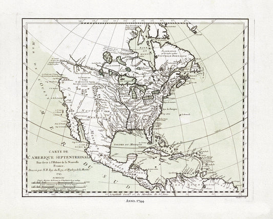 Bellin, Carte de L'Amerique Septentrionale, 1744, map on heavy cotton canvas, 22x27" approx.