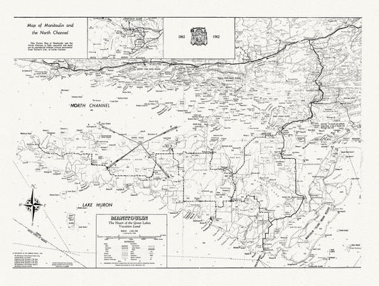 Map of Manitoulin and the North Channel 1862 to 1962, map on heavy cotton canvas, 22x27" approx.