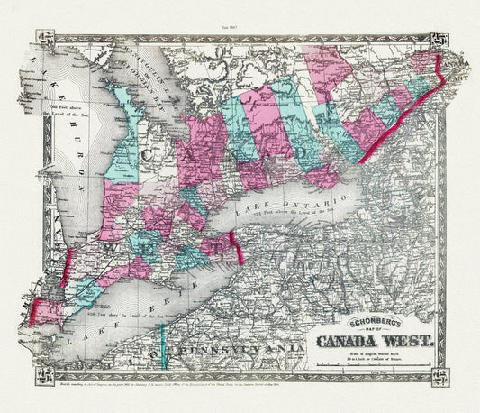 Schonberg's Map of Canada West, 1867 , map on heavy cotton canvas, 22x27" approx.