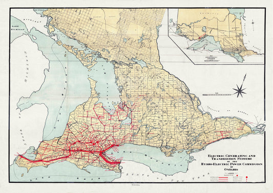 The Electric Generating and Transmission Systems of the Hydro, Electric Power Commission of Ontario, 1914 , map on  canvas, 22x27" approx.