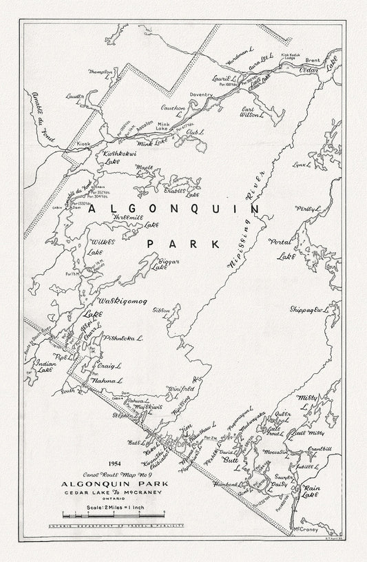 Canoe Route Map No. 9, Algonquin Park, 1954 , map on heavy cotton canvas, 22x27" approx.