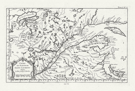 Quebec: Bellin, Cours du Fleuve de Saint Laurent, Depuis la Mer Jusque a Quebec, 1764, map on heavy cotton canvas, 22x27" approx.