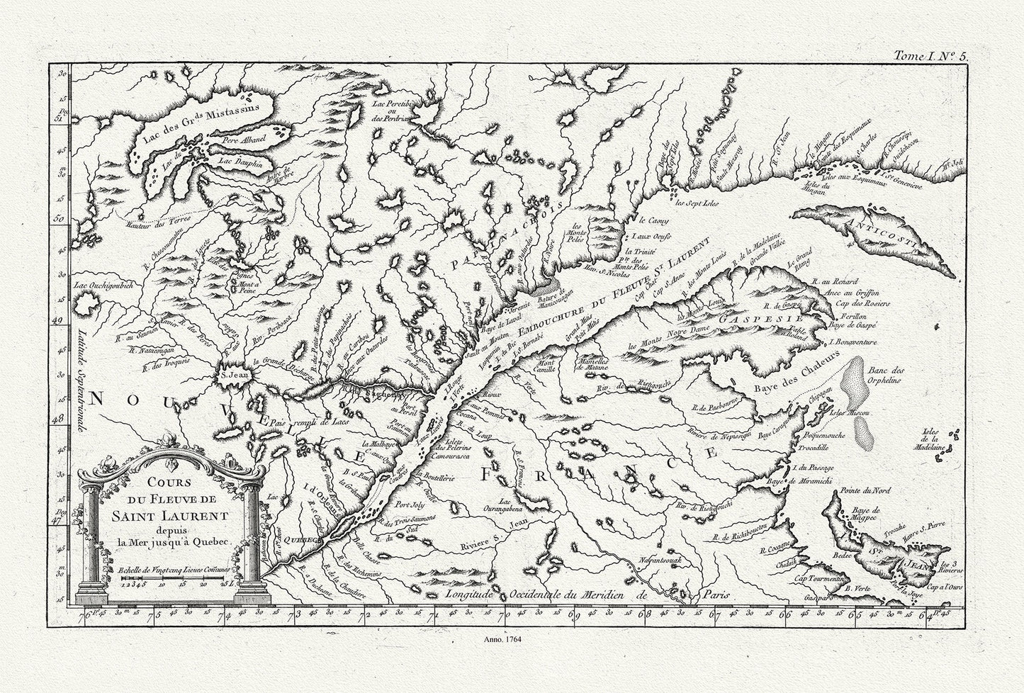 Quebec: Bellin, Cours du Fleuve de Saint Laurent, Depuis la Mer Jusque a Quebec, 1764, map on heavy cotton canvas, 22x27" approx.