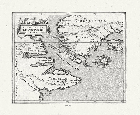 Wytfliet, Corneille, Estotilandia et Laboratoris Terra, ( East Coast Canada), 1597, map on heavy cotton canvas, 22x27" approx.