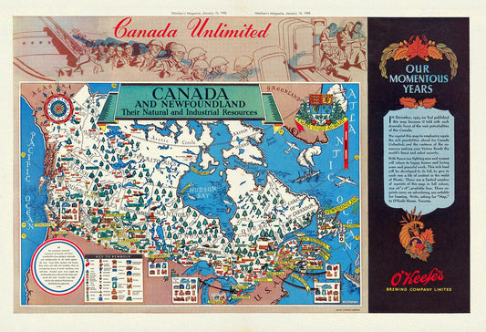 Canada and Newfoundland,  Their natural and industrial resources, MacLean's Magazine, 1945, map on heavy cotton canvas, 22x27" approx.