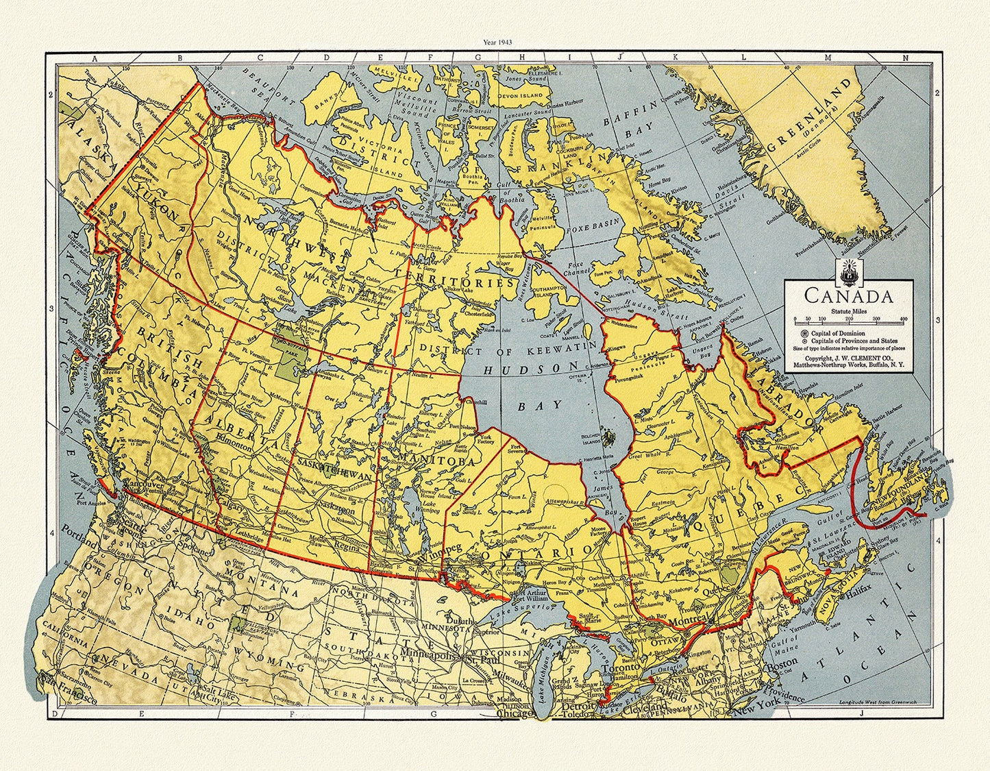 J.W. Clement Co., Canada, 1943, map on heavy cotton canvas, 22x27" approx.