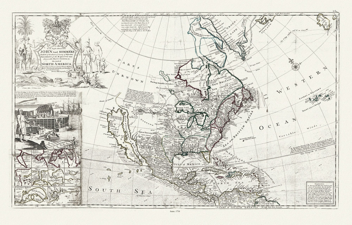 Bowles, This map of North America, according to ye newest and most exact observations, 1712 , map on heavy cotton canvas, 22x27" approx.