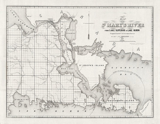 Colton, Magilton et Whitney, St. Mary's River From Lake Superior To Lake Huron, 1855 , map on heavy cotton canvas, 22x27" approx.